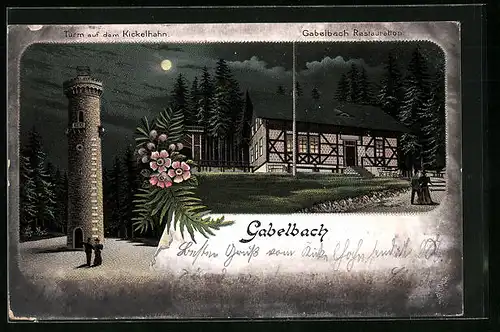 Lithographie Ilmenau, Gabelbach Restaurant, Turm auf Kickelhahn