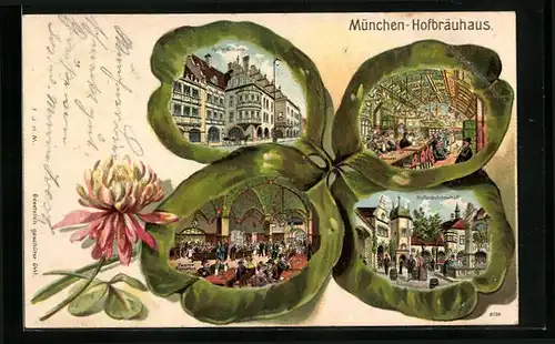 Passepartout-Lithographie München, Hofbräuhaus in verschiedenen Ansichten, Kleeblatt