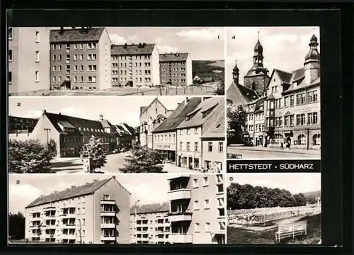 AK Hettstedt /Südharz, Ortsansicht mit Marktplatz und Schwimmbad