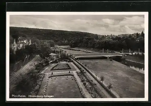 AK Pforzheim, Hindenburg-Anlagen aus der Vogelschau