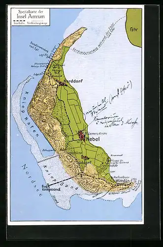 AK Nebel, Totalansicht von Amrum, Landkarte