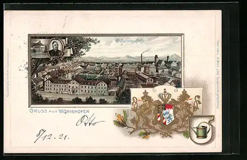 Passepartout-Lithographie Wörishofen, Gesamtansicht, Wappen