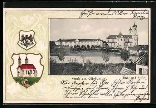 Passepartout-Lithographie Ottobeuren, Kirche und Kloster, Wappen