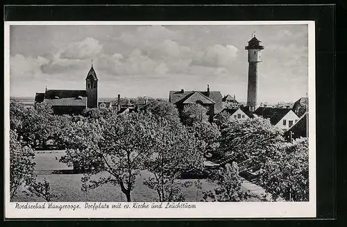 AK Wangerooge, Dorfplatz mit ev. Kirche und Leuchtturm