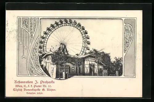 AK Wien, Wiener Prater, Restaurant J. Prohaska mit Riesenrad