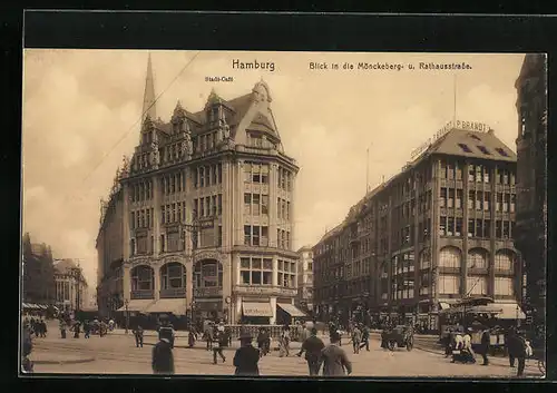 AK Hamburg, Stadtcafe, Blick in die Mönckeberg- u. Rathausstrasse