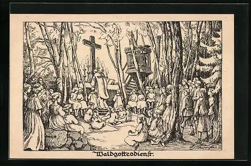 Künstler-AK Waldgottesdienst, Pfarrer und Gesellschaft im Wald, Kinderfürsorge