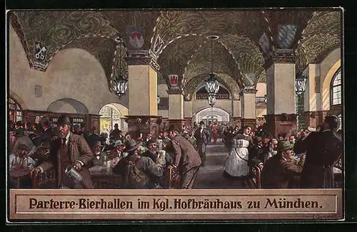 Künstler-AK München, Parterre-Bierhallen im Königlichen Hofbräuhaus, Innenansicht