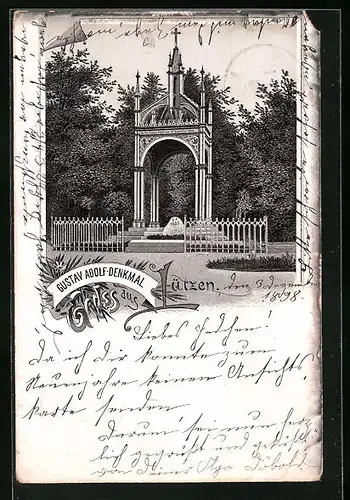 Lithographie Lützen, Gustav Adolf-Denkmal