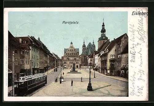 AK Eisleben, Marktplatz mit Strassenbahn