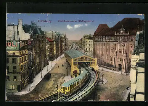 AK Hamburg, Hochbahnstrecke Rödingsmarkt aus der Vogelschau, U-Bahn