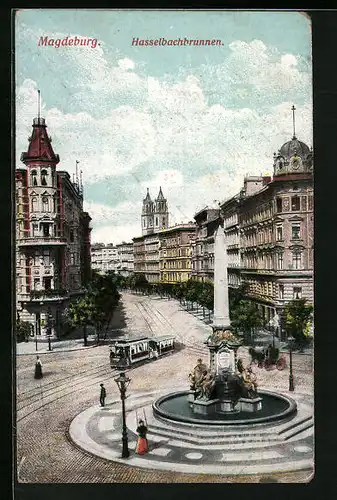 AK Magdeburg, Hasselbachbrunnen mit Strassenbahn