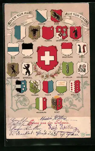 Präge-AK Zürich, Schweizer Wappen, Bern, Luzern, Uri