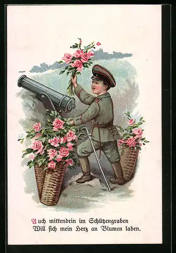 Künstler-AK Kleiner Soldat mit Blumen im Schützengraben