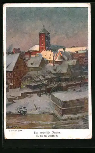 Künstler-AK Breslau, Stadtkirche im letzten Licht der Wintersonne