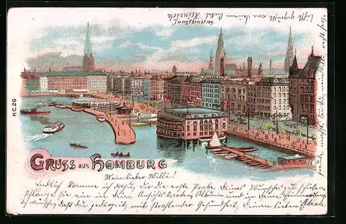 Lithographie Hamburg-Neustadt, Jungfernstieg mit Alsterpavillon