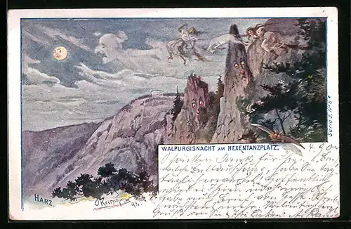 Künstler-AK Schwenke Ser. 3 Nr. 6, Walpurgisnacht am Hexentanzplatz, Berg mit Gesicht / Berggesichter