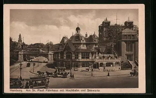 AK Hamburg-St.Pauli, Am St. Pauli Fährhaus mit Strassenbahn, Hochbahn und Seewarte