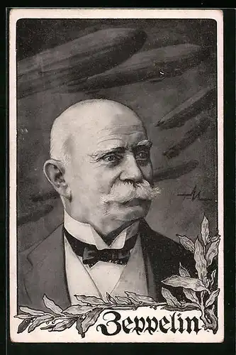 Künstler-AK Graf Ferdinand von Zeppelin im Portrait mit Luftschiffen und Lorbeeren