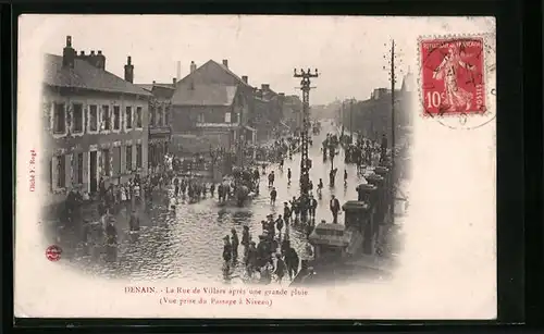 AK Denain, La Rue de Villars aprés une geande pluie