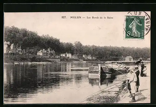 AK Melun, Les Bords de la Seine, Angelnde Männer