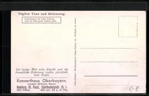 Künstler-AK Hamburg-St. Pauli, Gasthaus Konzerthaus Oberbayern, Spielbudenplatz 15