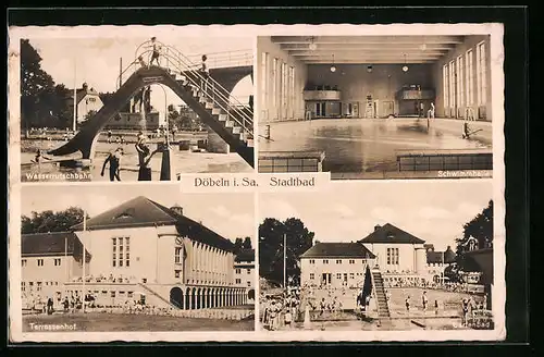 AK Döbeln /Sa., Stadtbad - Wasserrutschbahn, Terrassenhof, Schwimmhalle