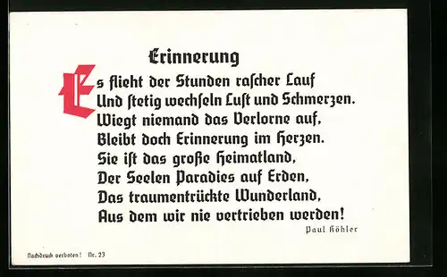 Künstler-AK Erinnerung - Gedicht von Paul Köhler