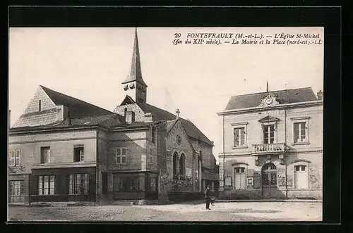 AK Fontevrault, L`Eglise Saint-Michel, La Mairie et la Place