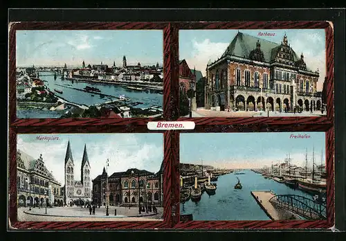 AK Bremen, Panorama, Rathaus, Marktplatz und Freihafen