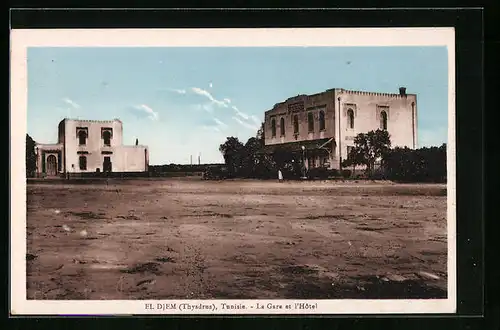 AK El Djem, La Gare et l`Hotel, Bahnhof