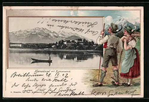 Passepartout-Lithographie Herreninsel, Uferpartie mit Boot und Kampenwand, Bauernpaar in Tracht