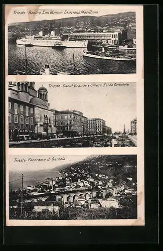 AK Trieste, Bacino San Marco Stazione Marittima, Canal Grande e Chiesa Serbo Orientale, Panorama di Barcola