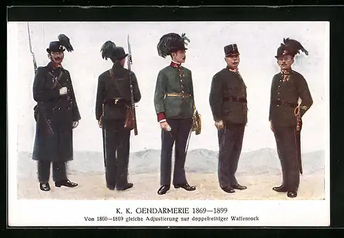 AK K. K. Gendarmerie in den Uniformen von 1869-1899