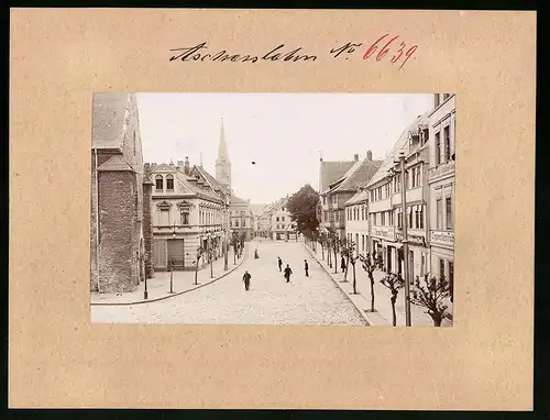 Fotografie Brück & Sohn Meissen, Ansicht Aschersleben, Strassenpartie am Marktplatz mit Geschäften, Litfasssäule