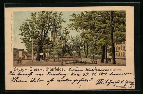 Lithographie Gross-Lichterfelde, Wilhelm Denkmal mit Bäumen und Kirche