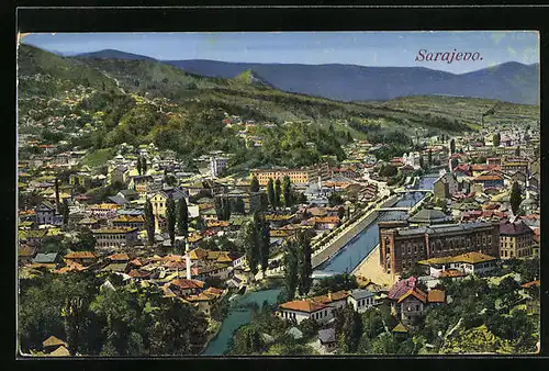 Künstler-AK Sarajevo, Ortsansicht aus der Vogelschau