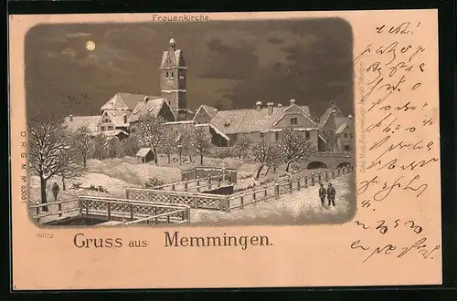 Winter-Lithographie Memmingen, Frauenkirche bei Mondschein