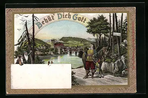 Lithographie Behüt` dich Gott, Trompeter von Säckingen mit Stadtpanorama