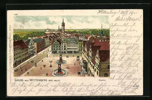 Lithographie Wittenberg b. Halle, Marktplatz aus der Vogelschau