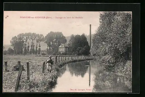 AK Perriers-sur-Andelle, Paysage au bord de l'Andelle