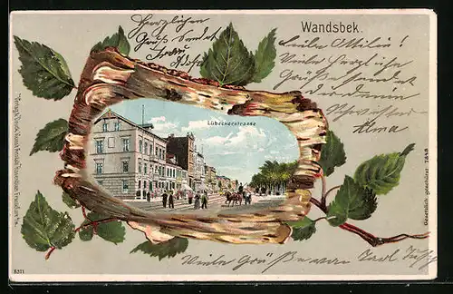 Passepartout-Lithographie Hamburg-Wandsbek, Lübecker Strasse mit Strassenbahn