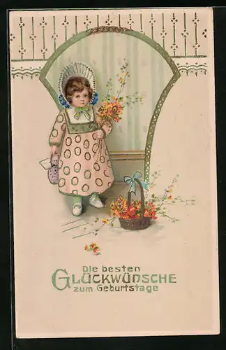 Präge-AK Glückwünsche zum Geburtstag, Mädchen mit Blumenbouquet