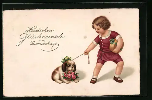 Lithographie Glückwünsche zum Namenstag mit Hund und Blumenkorb