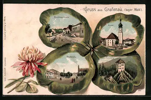 Passepartout-Lithographie Grafenau /Bayer. Wald, Bezirksamtsplatz, Kirche und Schloss Saldenburg im Kleeblatt