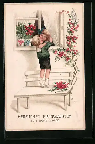 Lithographie Glückwünsche zum Namenstag, Kinder küssen sich am Fenster