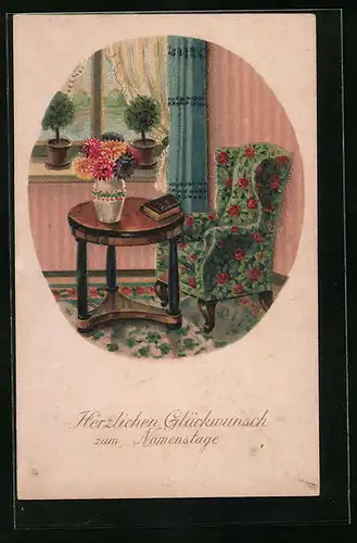 Künstler-AK Glückwünsche zum Namenstag, Sessel mit Tisch und Blumenstrauss