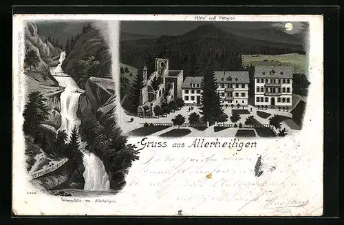 Lithographie Allerheiligen, Wasserfälle, Hotel und Pension bei Vollmond