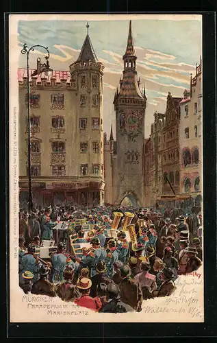 Künstler-Lithographie Paul Hey: München, Parademusik am Marienplatz