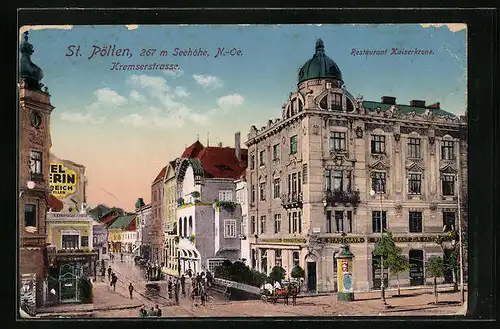 AK St. Pölten, Kremserstrasse mit Restaurant Kaiserkrone u. K. k. Poststation